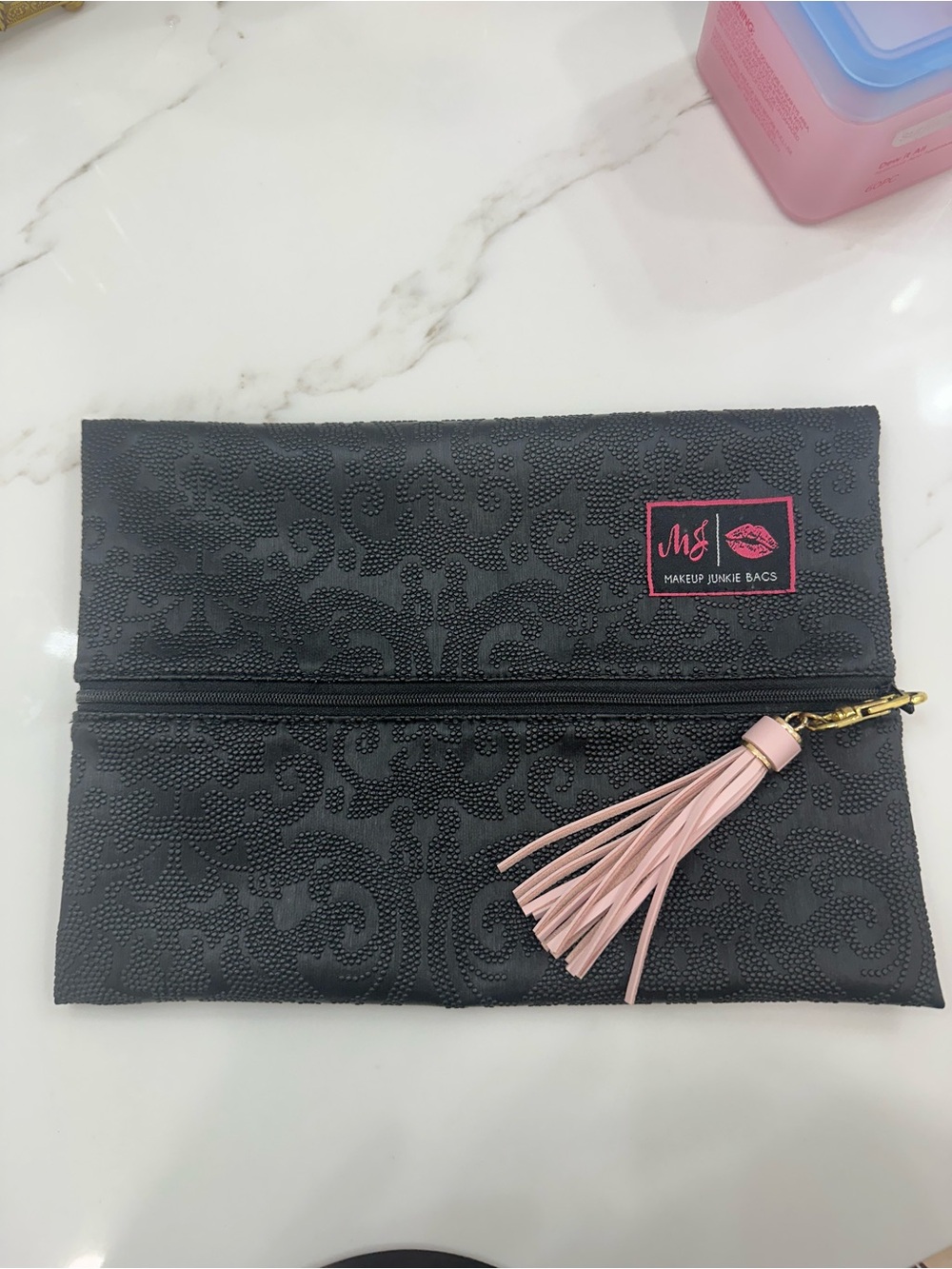 Makeup Junkie Bags Black Cosmetic Pouch with Pink Tassel Accent